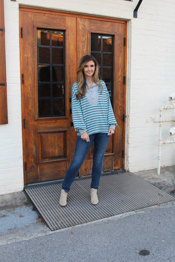Sew in Love Contrasting Color Striped Top with Ribbed Details in Turquoise/Heather Grey