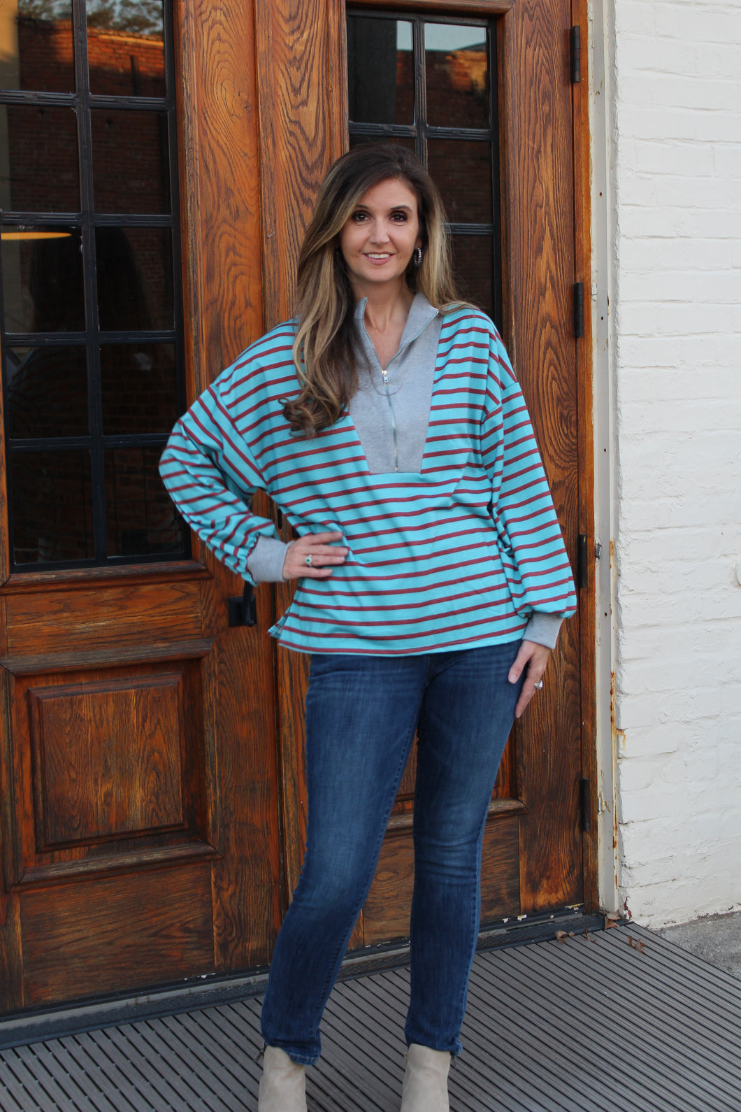 Sew in Love Contrasting Color Striped Top with Ribbed Details in Turquoise/Heather Grey