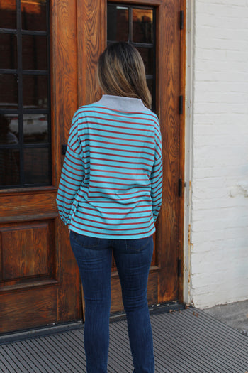 Sew in Love Contrasting Color Striped Top with Ribbed Details in Turquoise/Heather Grey