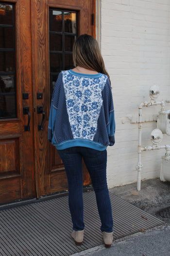 BiBi OVERSIZED Rose Twill and Stripe Mix n Match Top in Blue/Denim