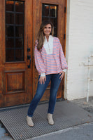 Sew in Love Contrasting Color Striped Top with Ribbed Details in Coral/Oatmeal