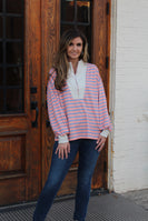 Sew in Love Contrasting Color Striped Top with Ribbed Details in Coral/Oatmeal