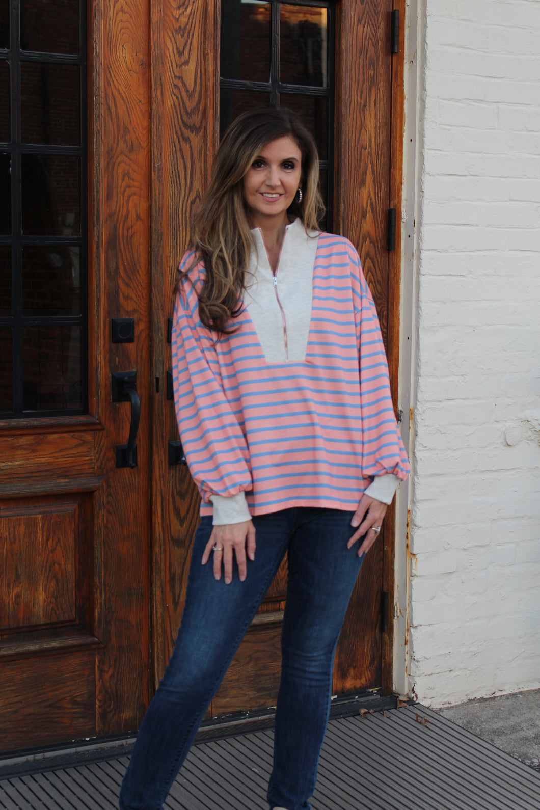 Sew in Love Contrasting Color Striped Top with Ribbed Details in Coral/Oatmeal