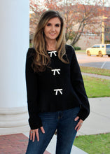 Load image into Gallery viewer, MABLE Knit Sweater Top with Jeweled Bow Front in Black
