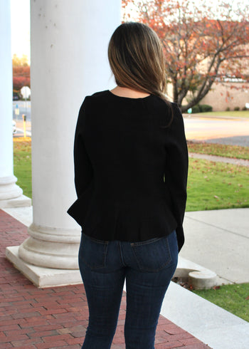 MABLE Knit Sweater Top with Jeweled Bow Front in Black