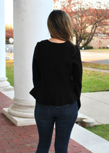 Load image into Gallery viewer, MABLE Knit Sweater Top with Jeweled Bow Front in Black
