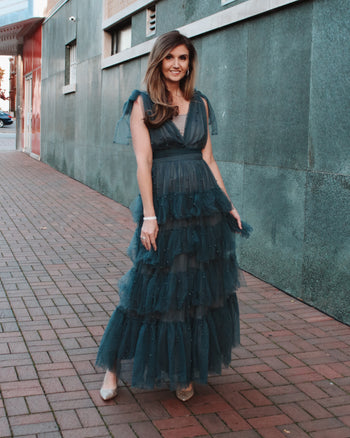 MABLE Pearl Stud and Mesh Tulle Tiered Maxi Dress in Teal Green S at June Adel