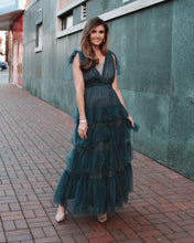 Load image into Gallery viewer, MABLE Pearl Stud and Mesh Tulle Tiered Maxi Dress in Teal Green
