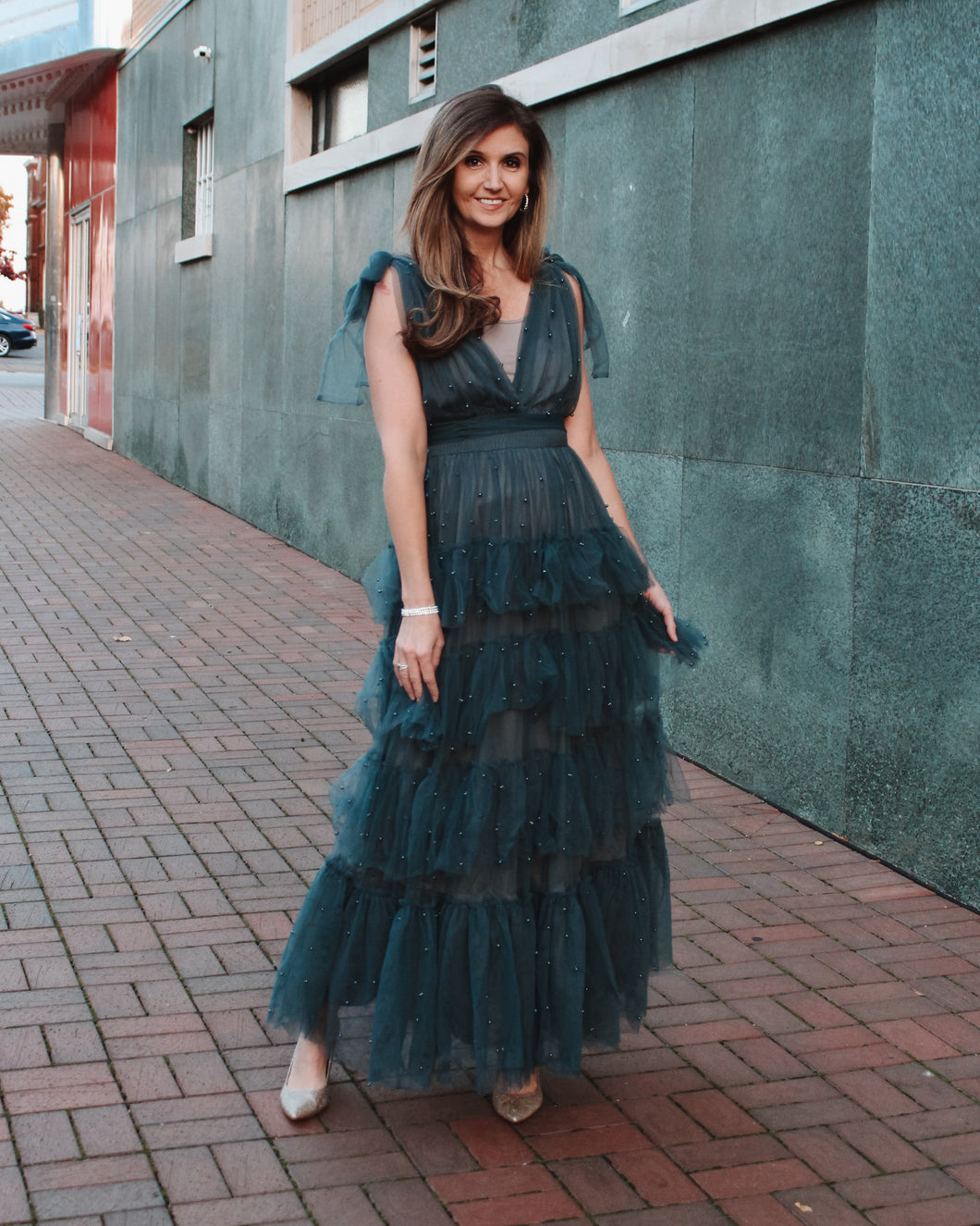 MABLE Pearl Stud and Mesh Tulle Tiered Maxi Dress in Teal Green S