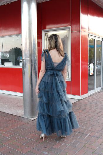 MABLE Pearl Stud and Mesh Tulle Tiered Maxi Dress in Teal Green S at June Adel