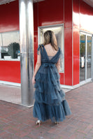 MABLE Pearl Stud and Mesh Tulle Tiered Maxi Dress in Teal Green