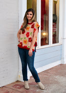 BiBi Floral Pattern Open Side Hem with Bow Ties Vest in Latte/Burgundy