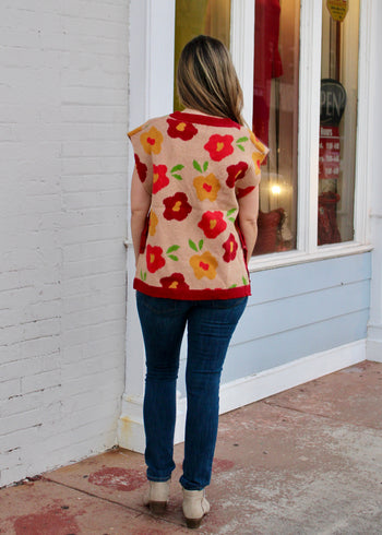 BiBi Floral Pattern Open Side Hem with Bow Ties Vest in Latte/Burgundy