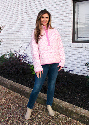 Main Strip Quilted Floral Print Pullover Jacket in Pink