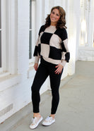 Sew In Love Contrasting Color Checkered Board Pattern Knit Sweater in Taupe/Black