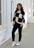 Sew In Love Contrasting Color Checkered Board Pattern Knit Sweater in Taupe/Black