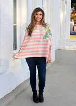 Load image into Gallery viewer, BlueVelvet Oversized Contrasting Stripe Top with Flower Patch in Pink-White
