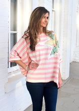 Load image into Gallery viewer, BlueVelvet Oversized Contrasting Stripe Top with Flower Patch in Pink-White
