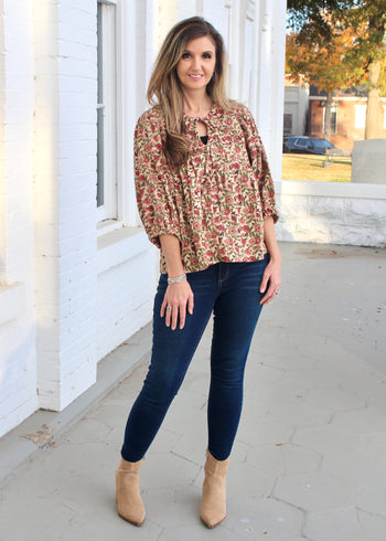 Umgee Baby Doll Mixed Print Top in Cream/Red