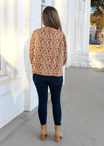 Umgee Baby Doll Mixed Print Top in Cream/Red