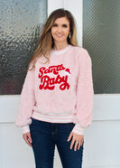 Jodifl Fuzzy Knit Sweater with Terry Cloth SANTA BABY Patched Front in Pink