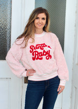 Load image into Gallery viewer, Jodifl Fuzzy Knit Sweater with Terry Cloth SANTA BABY Patched Front in Pink
