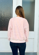 Load image into Gallery viewer, Jodifl Fuzzy Knit Sweater with Terry Cloth SANTA BABY Patched Front in Pink
