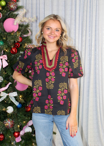 Entro Floral Pattern Top with Striped and Scallop Trim Collar in Black