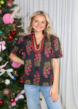 Load image into Gallery viewer, Entro Floral Pattern Top with Striped and Scallop Trim Collar in Black
