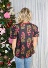 Load image into Gallery viewer, Entro Floral Pattern Top with Striped and Scallop Trim Collar in Black
