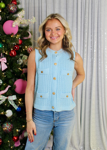 Doe & Rae Cable Knit Sweater Vest in Blue
