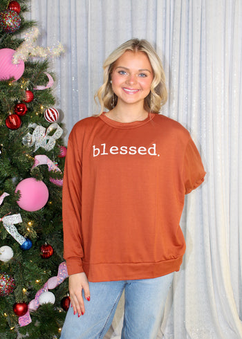 Sew in Love Graphic Knit Print blessed. Top in Rust