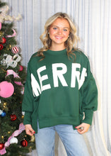 Load image into Gallery viewer, LovLov Solid Color French Terry Sweatshirt with MERRY Fleece Letter Patched Front in Hunter Green
