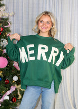 Load image into Gallery viewer, LovLov Solid Color French Terry Sweatshirt with MERRY Fleece Letter Patched Front in Hunter Green
