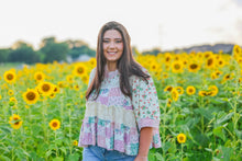 Load image into Gallery viewer, POL Mixed Media Knit Top with Pearl Details in Natural/Plum Floral
