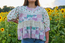 POL Mixed Media Knit Top with Pearl Details in Natural/Plum Floral