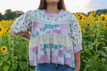 POL Mixed Media Knit Top with Pearl Details in Natural/Plum Floral