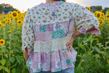 POL Mixed Media Knit Top with Pearl Details in Natural/Plum Floral