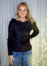 Load image into Gallery viewer, Sunday Edition Twisted Off the Shoulder Fuzzy Sweater in Black
