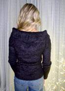 Sunday Edition Twisted Off the Shoulder Fuzzy Sweater in Black