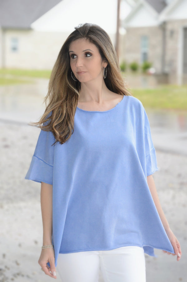 Easel Solid Color Terry Knit Top with Raw Cut Details in Peri Blue Shirts & Tops Easel   