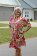 Easel Floral Print Poplin Dress in Red Coral Dresses Easel   