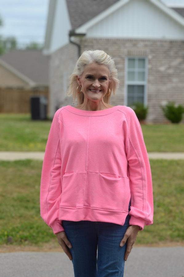 BucketList Solid Color Top with Contrast Stitch Details in Neon Pink Shirts & Tops Bucketlist   