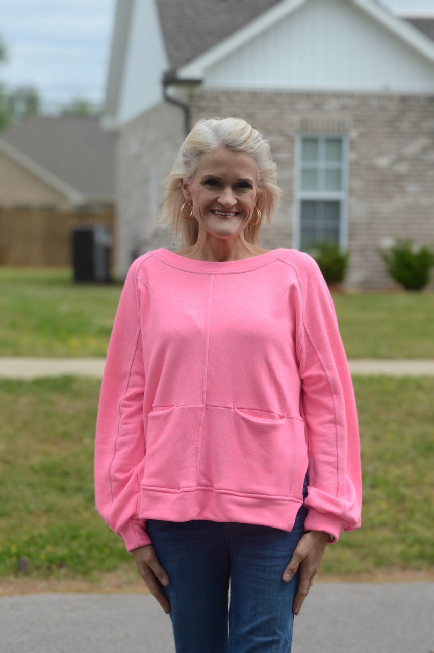 BucketList Solid Color Top with Contrast Stitch Details in Neon