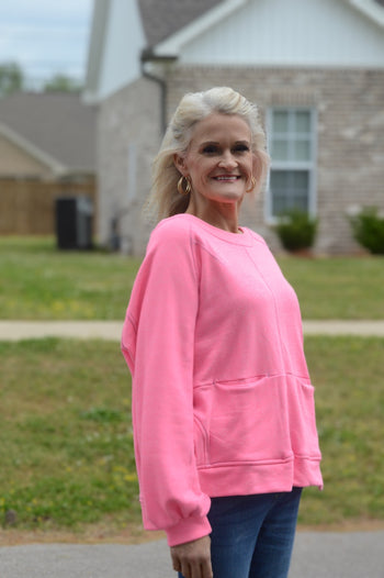 BucketList Solid Color Top with Contrast Stitch Details in Neon Pink Shirts & Tops Bucketlist   