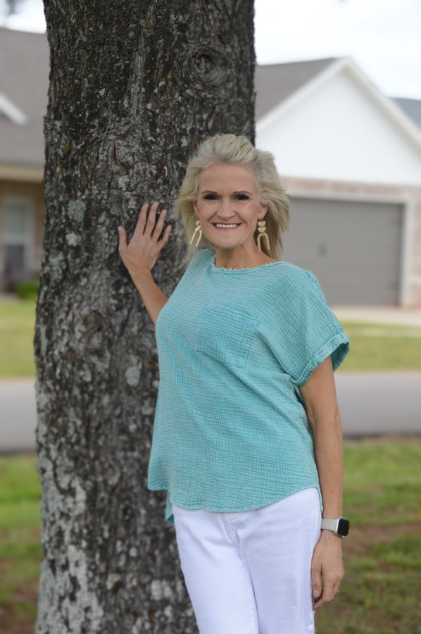 Easel Cotton Gauze Boxy Top in Atlantis Green Shirts & Tops Easel   