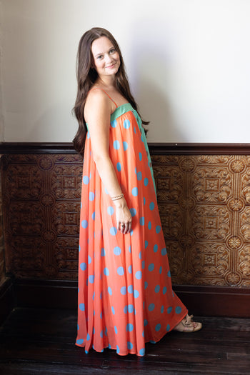 J.nna Split Color Block Polka Dot Maxi Dress in Coral Mint