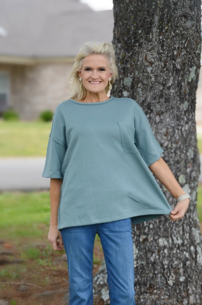 Easel French Terry Top in Teal Green Shirts & Tops Easel   