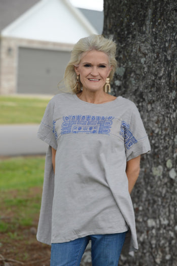 Easel Solid Color Top with Contrasting Print Details in Mushroom Shirts & Tops Easel   