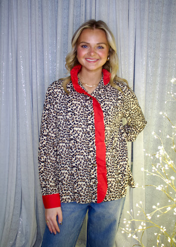 Jodifl Textured  Leopard Top with Contrasting Ruffles in Red/Animal